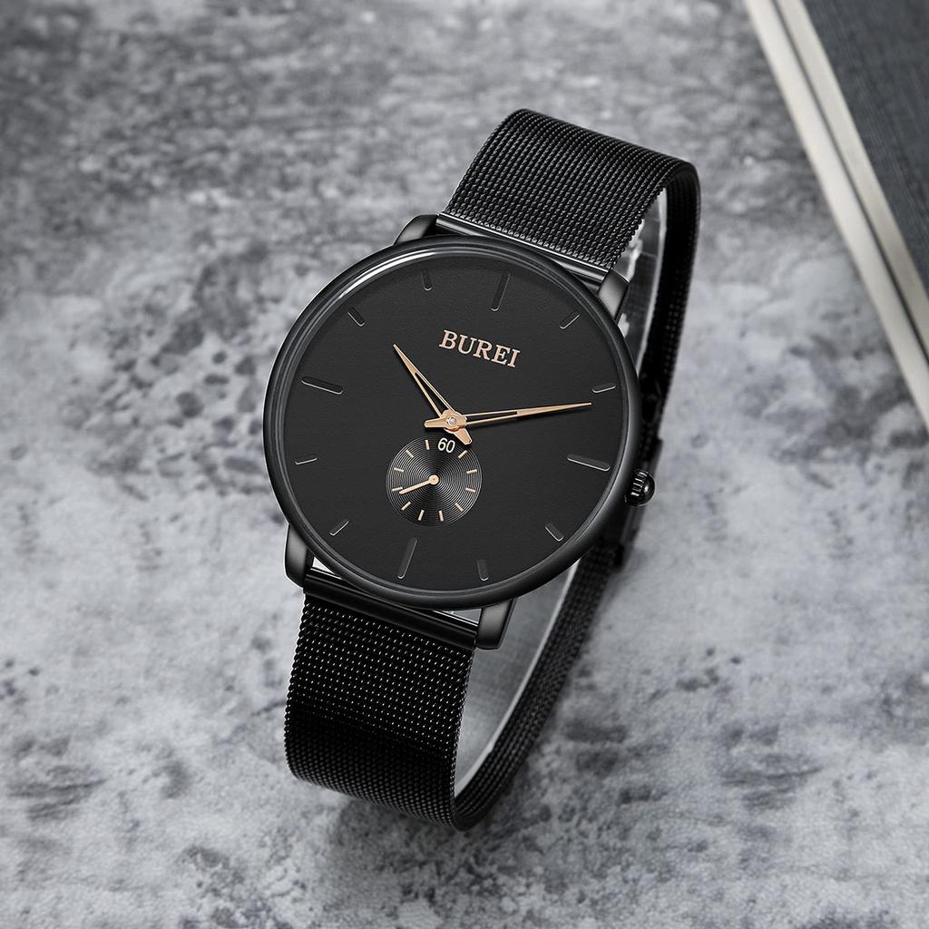 BUREI Men's Black Watch, Simple, Stylish, Popular, Waterproof, Men's Watch (Black-Rose Gold Hands, Stainless Steel)