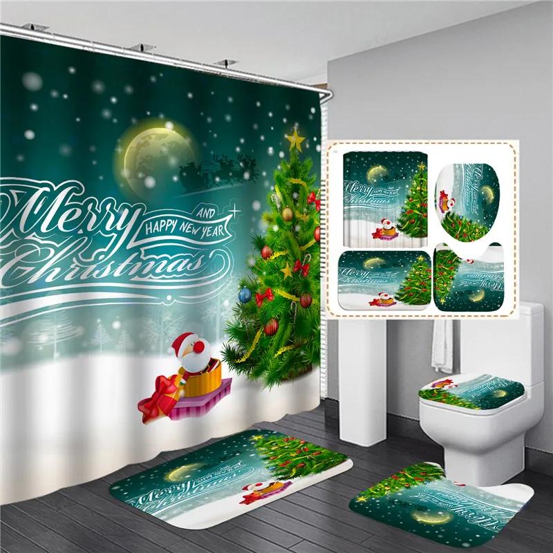 Red Santa Claus Printed Christmas Shower Curtain Set With Bath Mat Anti-Slip Carpet Bathroom Partition Waterproof Home Decor
