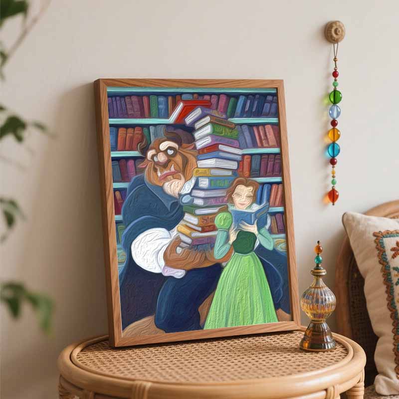 Disney oil painting painting art Beauty and the Beast reading books handmade diy painting home decoration gift