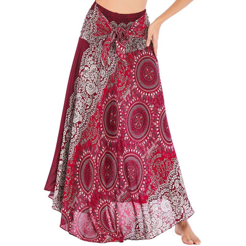 

High Waisted Printed Large Swing Skirt High Waist Print Big Hemline Half-Length Long dress Two-dress compass wine red S00101 One size