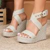 Women's Beige Espadrille Wedge Sandals - Ankle Buckle, Open Toe, Thick Sole, Strappy Summer Fashion Heels