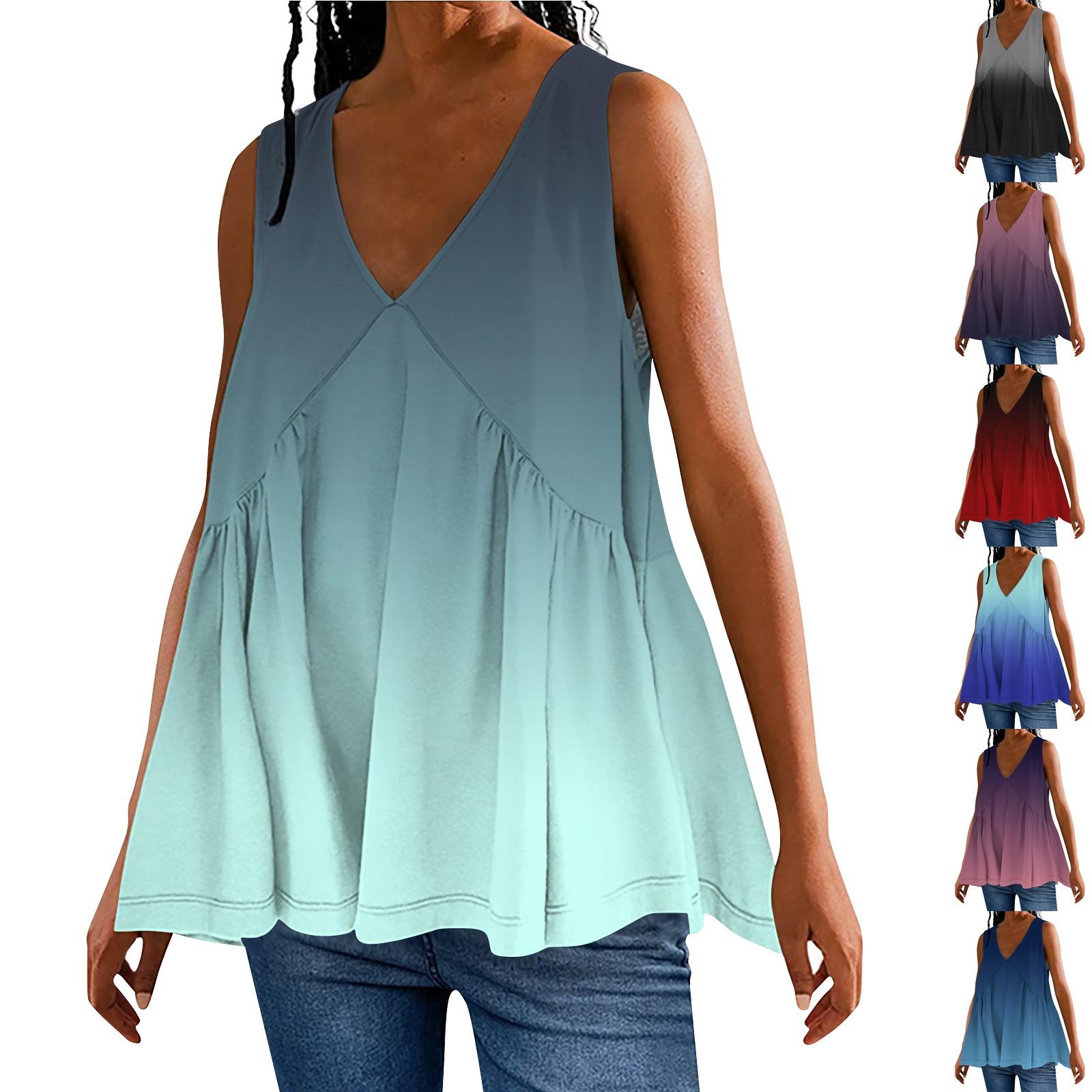 

Женская летняя майка с V-образным вырезом, свободная посадка, струящаяся рубашка, повседневный многоуровневый жилет без рукавов с рюшами в стиле Babydoll L чёрный