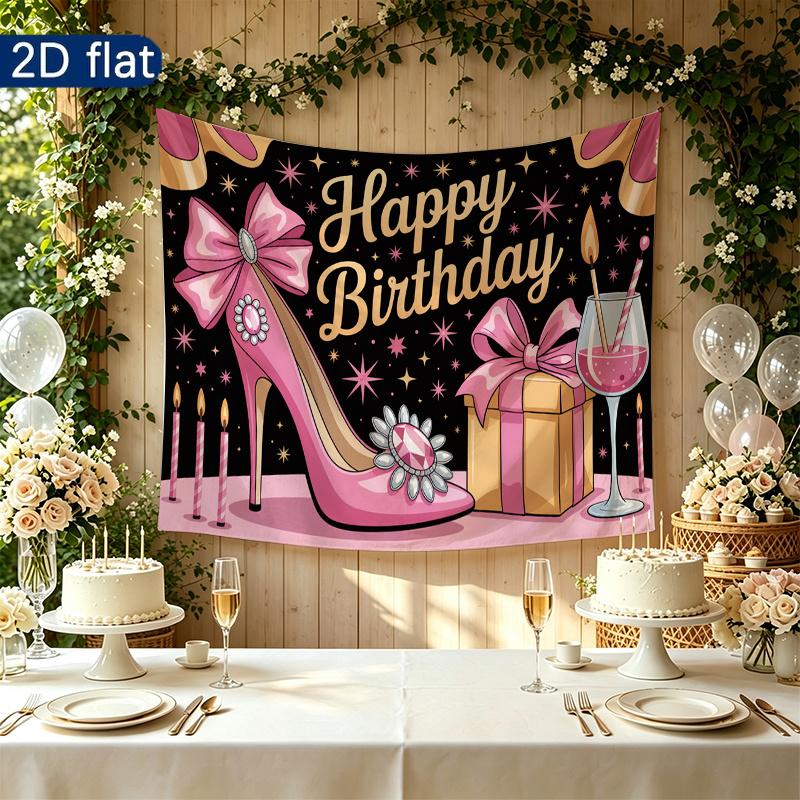 Party Banner Gifts Wine High Heel Birthday Backdrop, Polyester Wall Decor for Celebration & Photos
