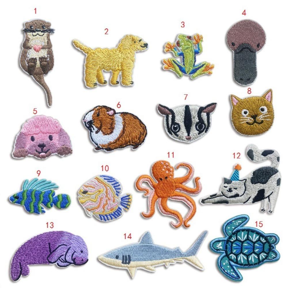 15pcs Ocean Fish DIY Iron on Patches Cat Dog Embroidered Cloth Stickers Sewing Supplies on Clothes