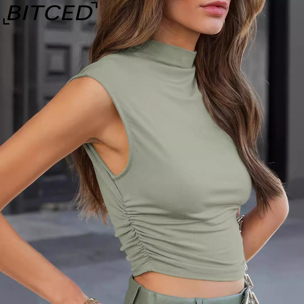 BITCED Women's Half-High Neck Top Casual Versatile Cropped Tank Top Short-Length Gathered Polyester-Cotton Blend Spicy Girl Style