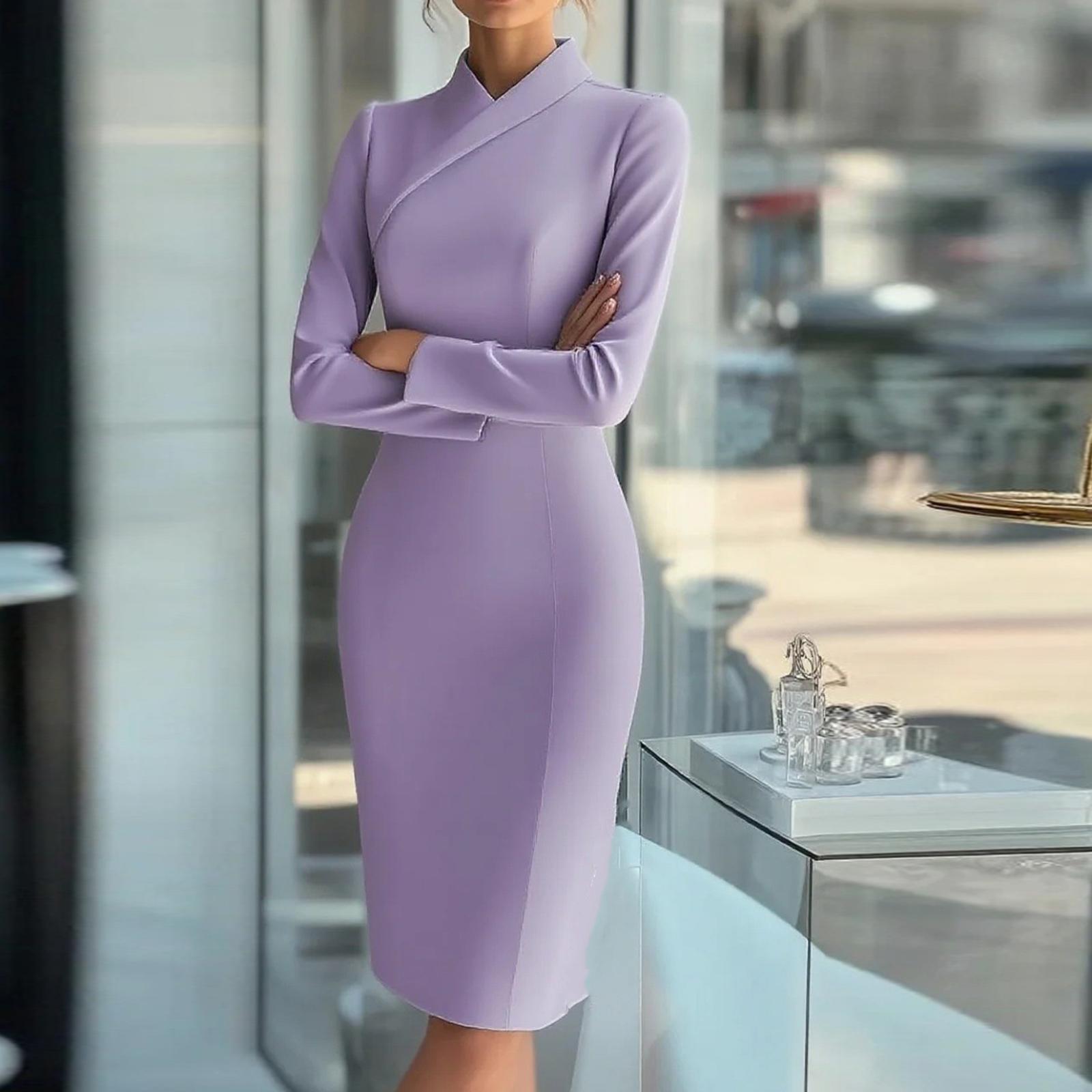 

Женское модное однотонное платье-карандаш с длинным рукавом и воротником-стойкой, облегающего кроя M фиолетовый