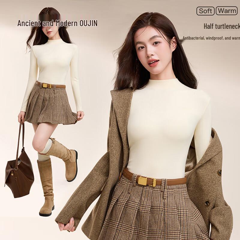 GUJIN Women's Pure Cotton Half-High Collar Long Sleeve T-Shirt