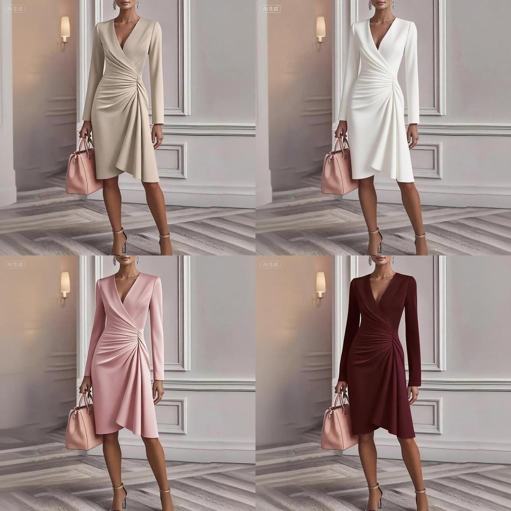 Elegante Vestito a Maniche Lunghe da Donna con Scollo a V e Design Spliced per l'Ufficio