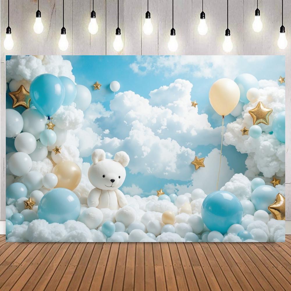 Cute Doll Bear Theme Backdrop Blue Sky Soft Cloud Hot Air Balloon Newborn Baby Shower Birthday Party Decor Photo Background18