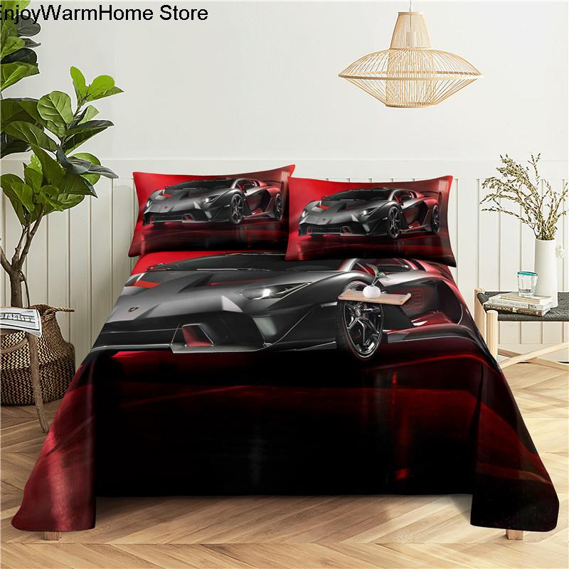 Sports Car Digital Printing Polyester Bed Flat Sheet With Pillowcase Cartoon Kids Gift Racing Cars Bedding