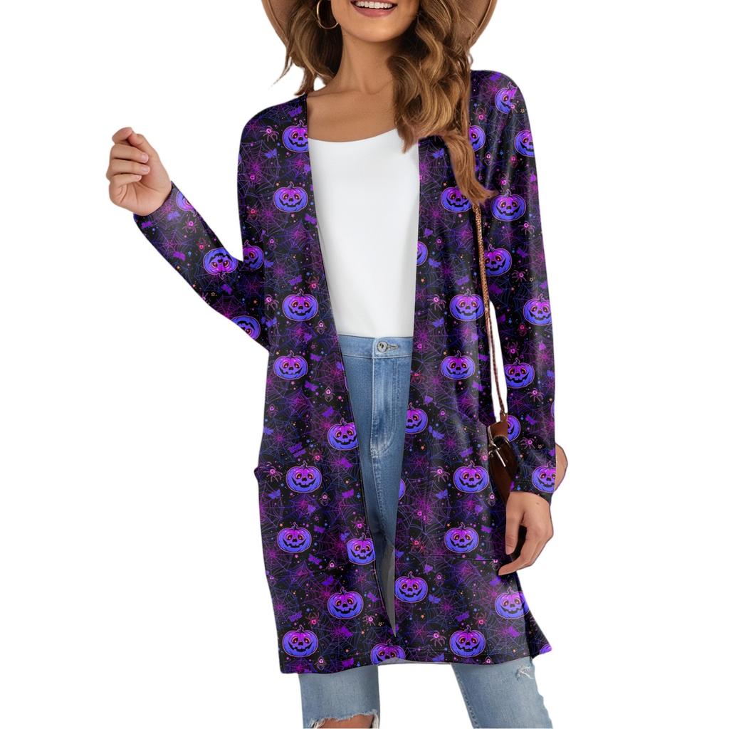 Women's Fashion Casual Comfortable Halloween Printed Mid-Length Cardigan With Pockets Jacket