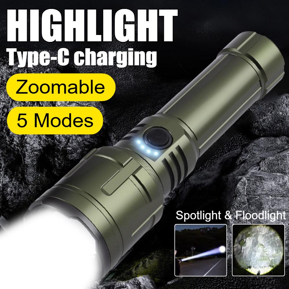Ultra Bright LED Flashlight with Flame Ignition USB C Rechargeable Tactical Torch Outdoor Camping Adventure Lantern Strong Light