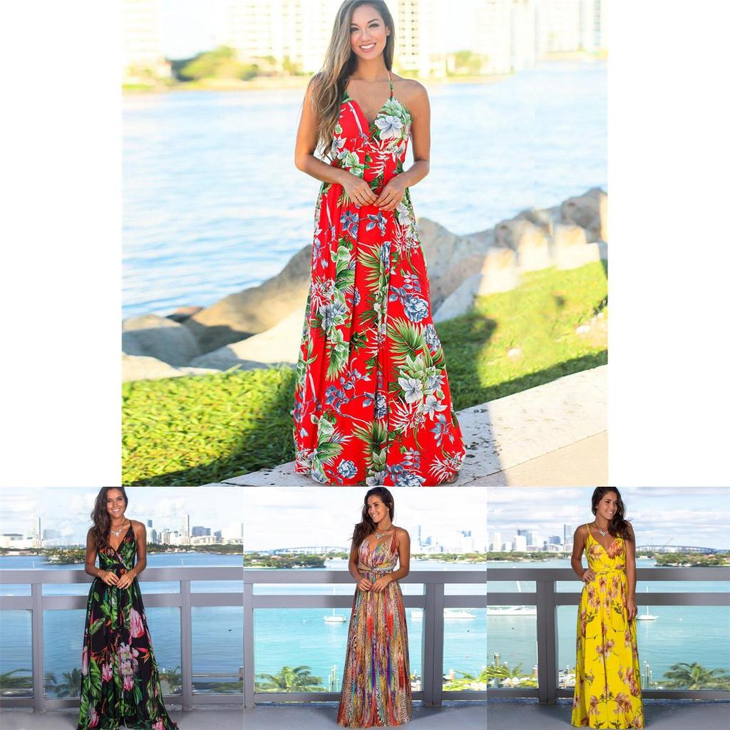 Elegant Women's Boho Long Maxi Dress With Floral Prints For Summer Parties And Beach Events