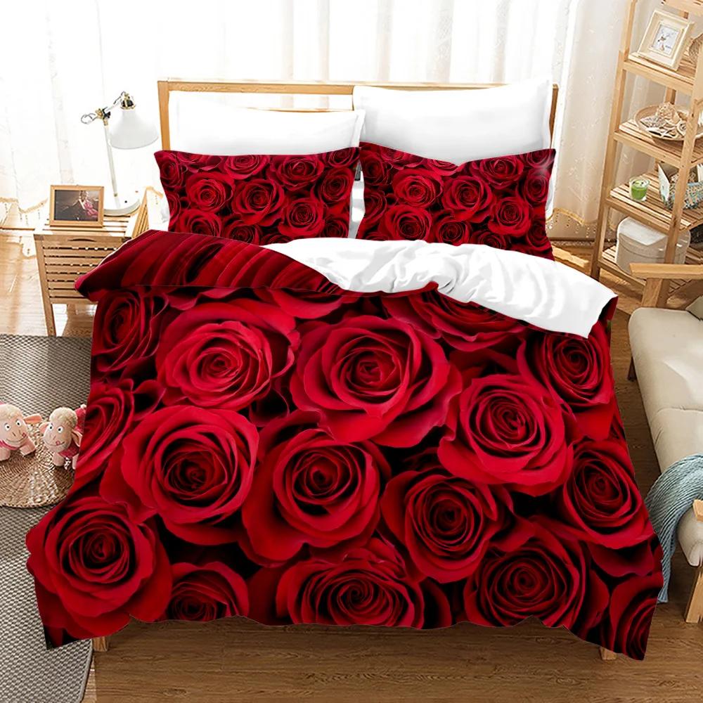 Rose Polyester Påslakanset King Full Size Röd Blomma Blommor 3D-tryckt Romantiskt För Flickor Kvinnor Par Älskare Sängklädesset