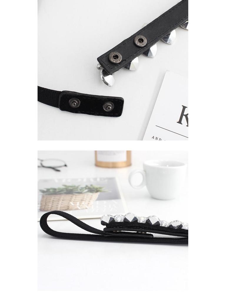 Damski elastyczny pasek z cyrkoniami zapinany na zatrzask - Wszechstronny wąski czarny pas wyszczuplający talię