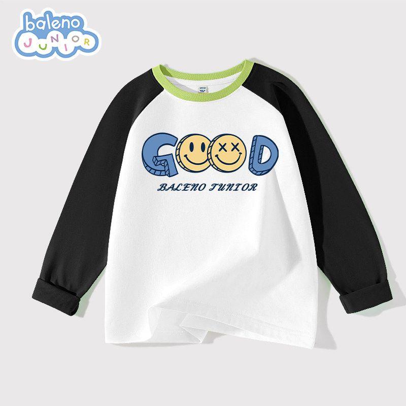 

Baleno Kids Long Sleeve T-Shirt for Boys 2025 New Spring Pure Cotton Raglan T-Shirt Color Block Trendy Children s Top Black/Tb Yellow and Blue Smiley Face 130