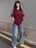 Plus Size Burgundy American Retro Short Sleeve Women's T-shirt with Chic Hong Kong Style Stripes
