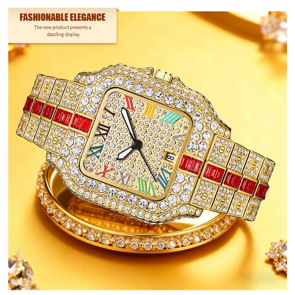 Hip Hop Iced Square Quartz Watch for Men Full Diamond Calendar Luxury Watch