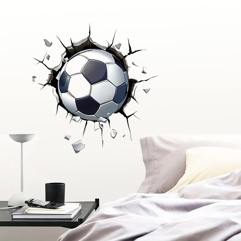 3D Breaking Through Wall Crack Soccer Football PVC Wall Sticker Self-Adhesive Removable for Kids Room Living Room Bedroom Sports Home Decor Art