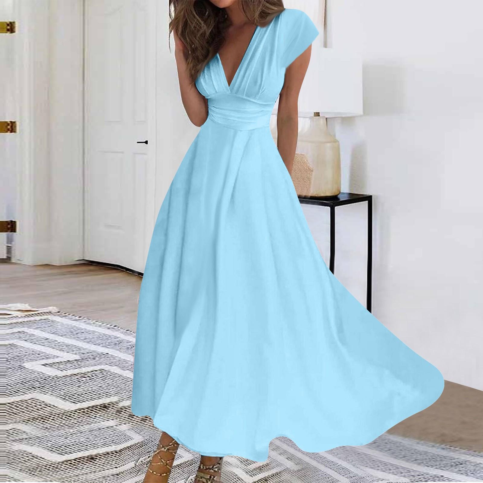 

Женское длинное платье Платье макси Повседневное платье Шифоновые платья Свободное платье Повседневное платье для взрослых на открытом воздухе Повседневное платье с рюшами и коротким рукавом с v-образным вырезом XL