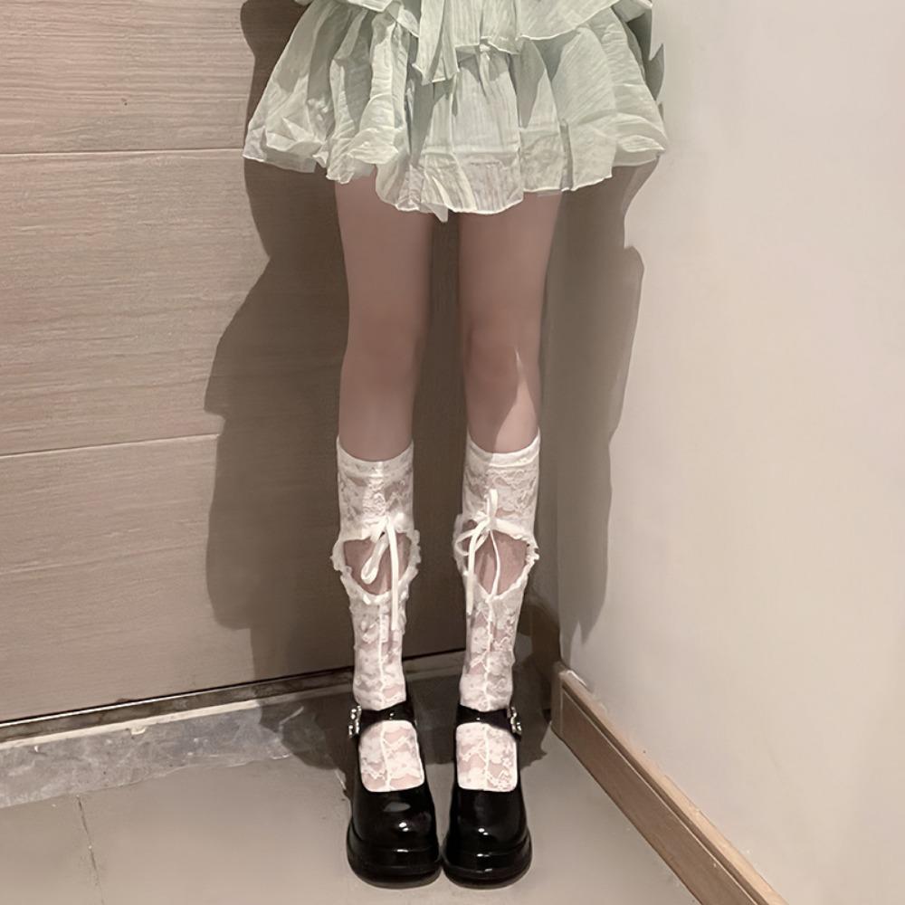 Summer Japanese Lolita Lolita Lace Bow Medium Tube Socks Love Hollow Cross Strap Calf Socks Women