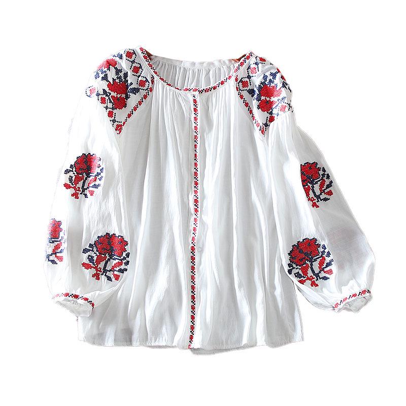 Ethnic Style Embroidered Lantern Sleeve Plus Size Cotton Linen Shirt