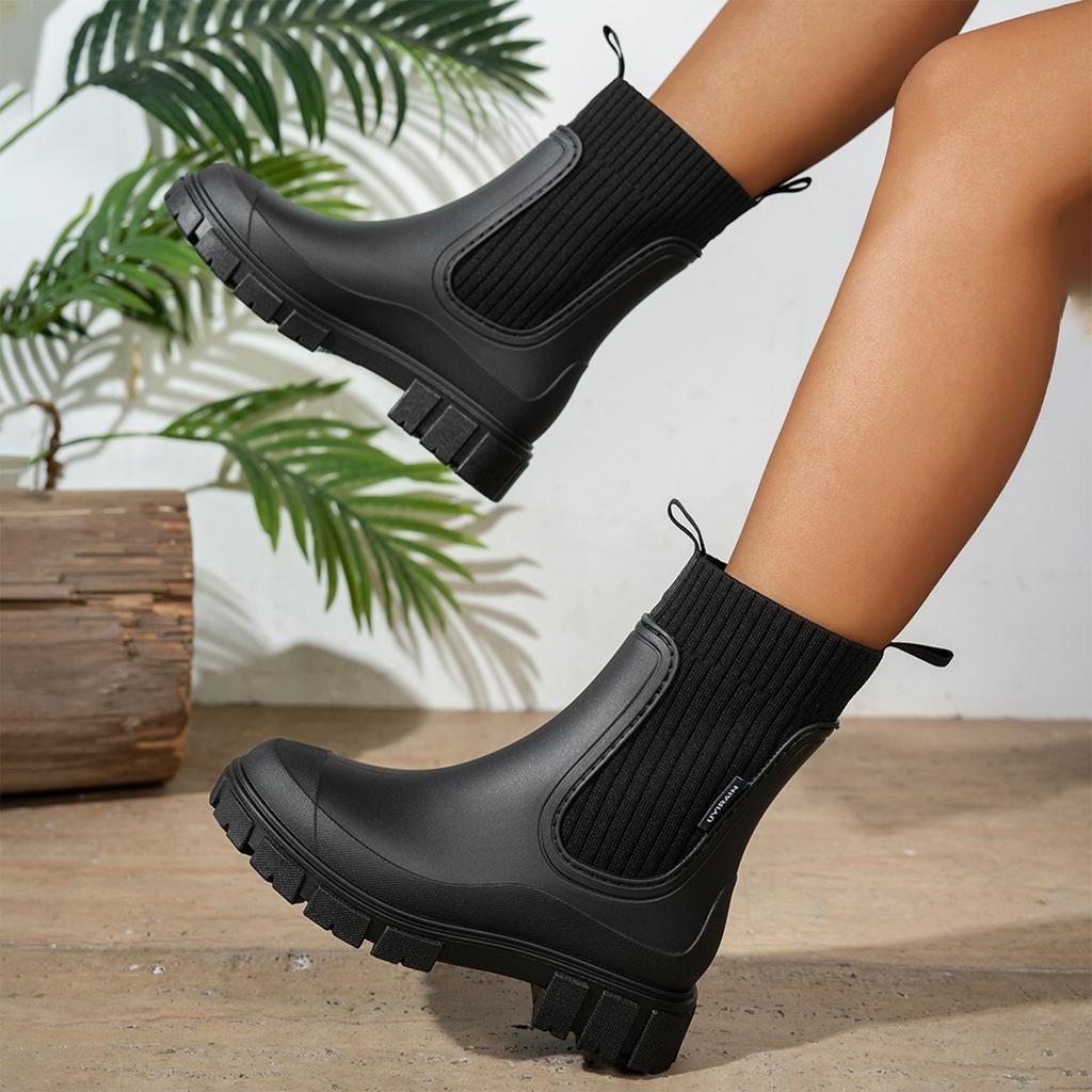 Women's Mid-Calf Rain Boots with Elastic and Thick for Outdoor Commute
