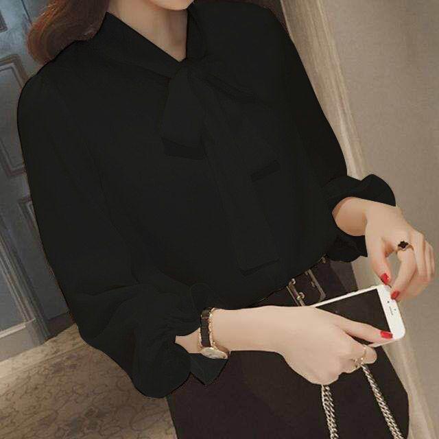 Chiffon Long Sleeve Bow Tie Lace-Up Top