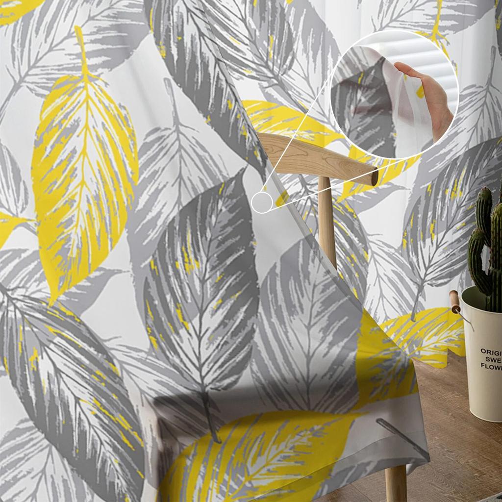 Yellow-Gray Leaves Texture Sheer Curtains For Living Room Bedroom Tulle Curtain For Kitchen Voile Curtain Blind Panels