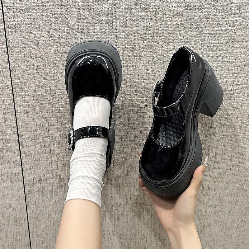 

Женские туфли Мэри Джейн на высоком каблуке Модные с круглым носком с мелким вырезом на одной пряжке Платформа Нескользящие Износостойкие Однотонные туфли 35 чёрный