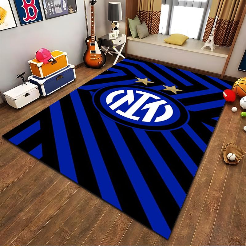 Blue Black Geometric Pattern Carpet with Stars and Bold Logo Design Suitable for use as an anti-slip for living room bedroom sofas