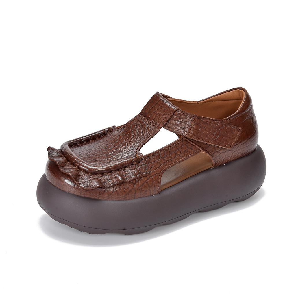 Johnature Retro Genuine Leather Roman Sandals Comfortable And Versatile Round Toe Thick Soled Women's Shoes