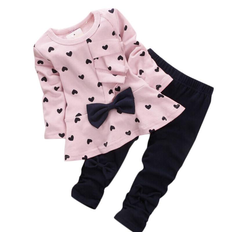 

New Baby Sets Heart-shaped Print Bow Cute 2PCS Kids Set T shirt + Pants PK/100 розовый