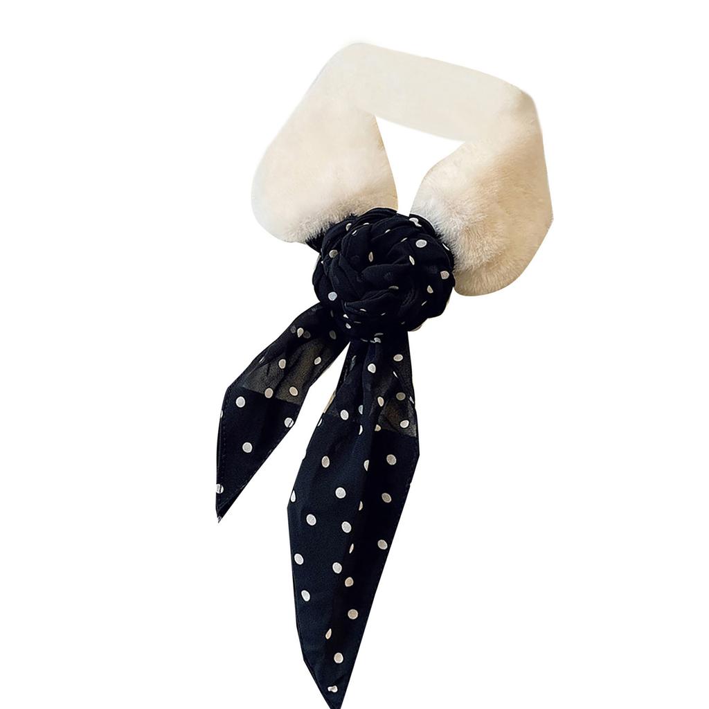 Winter Furry Plush Collar Scarf Women Warm Shawl Wrap Scarves with Silk Ribbon Leopard Pattern Patchwork Neckerchief