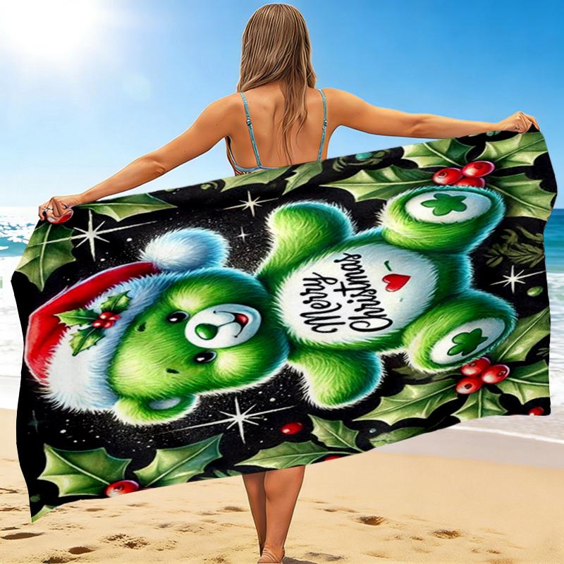 1Pc Christmas Green Teddy Bear Beach Towel, Quick Dry, Multi-Use for Beach Pool Gym Yoga Home Travel, Christmas, Halloween, Xmas Gift S8