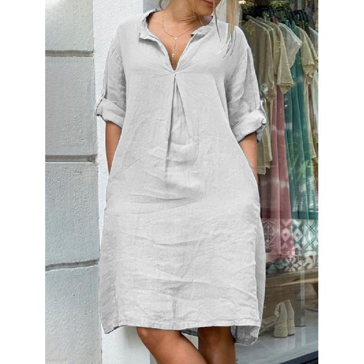 2026 New Women's Casual V-neck Discounted Long-sleeve Solid Color Loose Dress