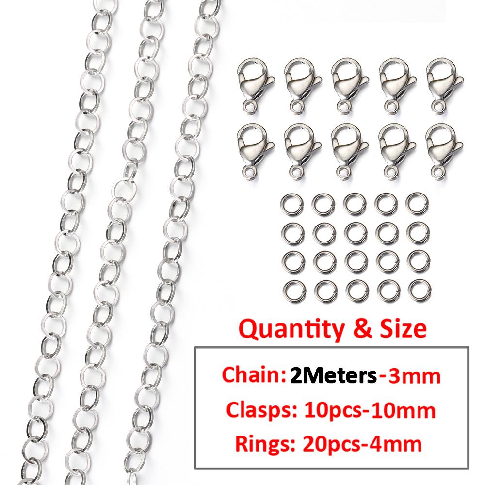 2Meters/1Meter Stainless Steel Chain Lobster Clasps Jump Rings Connectors Chains for Bracelet Necklace Jewelry Making DIY Kit