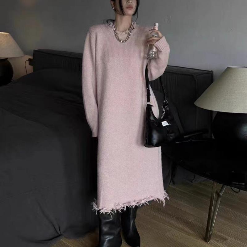 Autumn and Winter New Loose and Thin Lazy Wind Sweater Women's Medium and Long Solid Color Pullover Knitted Dress
