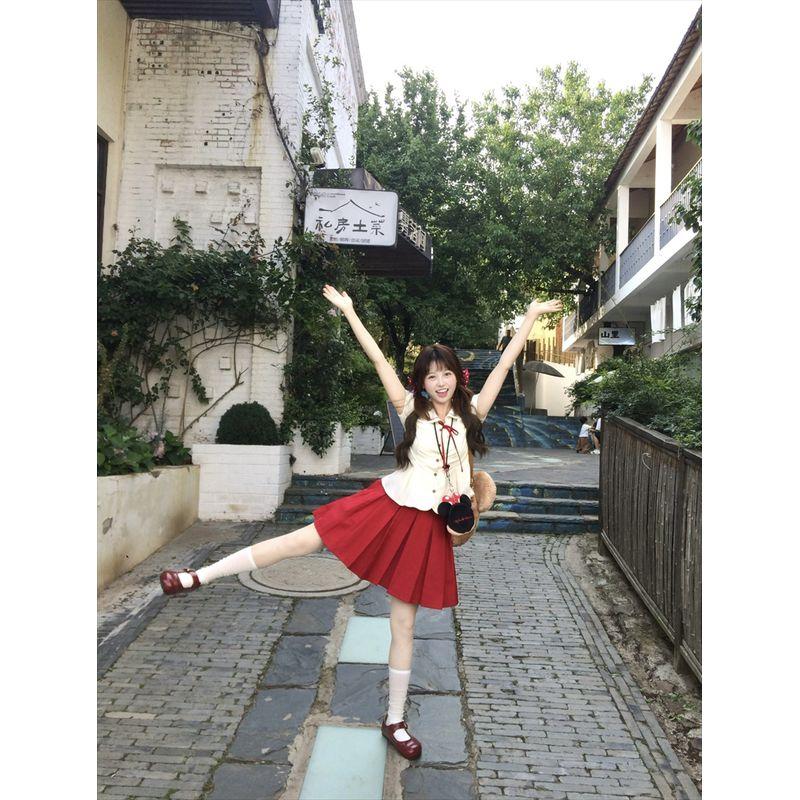 Kumikumi Sweet Style Set Cute Doll Collar Short sleeve Shirts Women Summer Red Pleated Two piece skirt