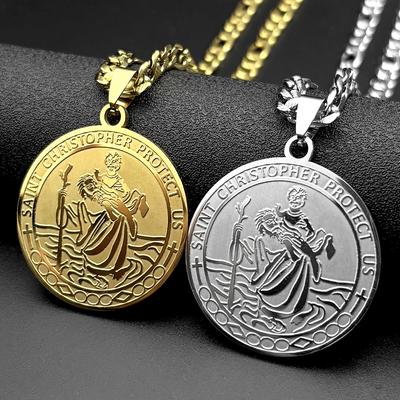 Saint Christopher Protect Us Pendant Necklace for Women Men Stainless Steel Gold Color Christian Jesus Amulet Chain Jewelry