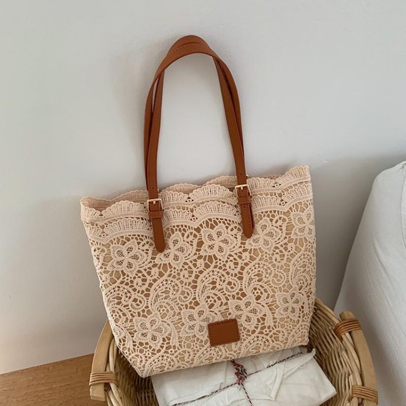 Lace Tote Bag Women Large Capacity Soft Structured Shoulder Sweet Chic Style Casual Travel Handbag