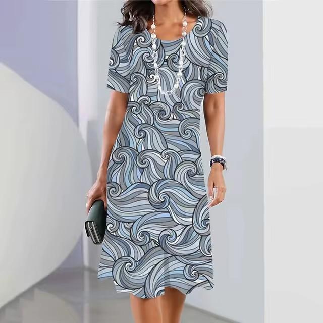 3D geometric stripe print elegant women's short-sleeved summer dress