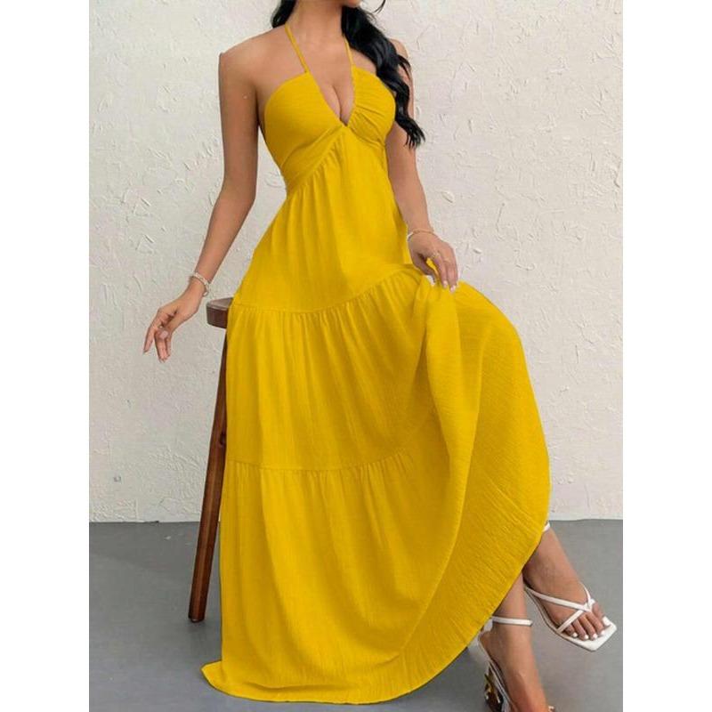 Amazon eaby European and American summer new hot-selling women's neck dress suspender strap holiday skirt