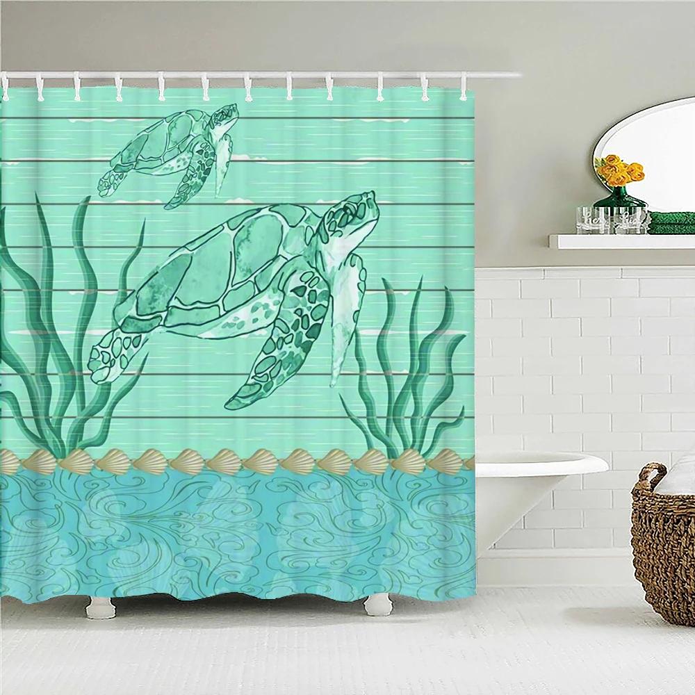 Шторка для душа Морская черепаха Морская черепаха Шторы для ванной Дельфин Водонепроницаемая полиэстеровая ткань 180x180 см Домашний декор С 12 крючками W120xH180cm