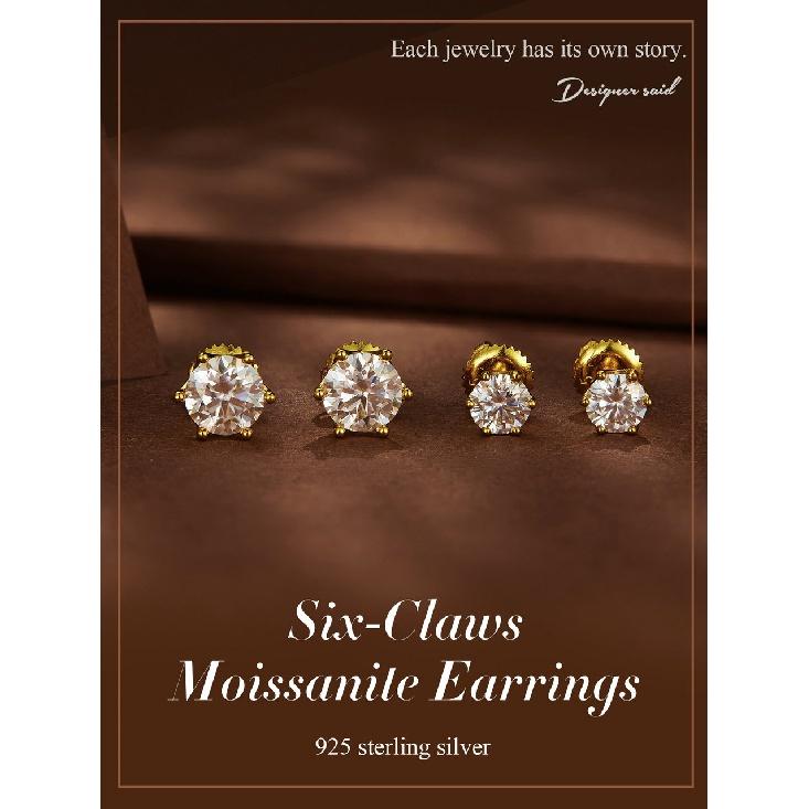 BAMOER Moissanite Stud Earrings, D Color Brilliant Round Cut Lab Created Diamond 925 Silver Earrings Gold Plated for