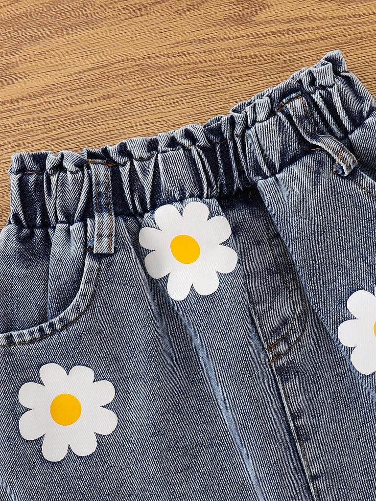 Yellow Sleeveless Top & Denim Skirt Set with Daisies for Girls