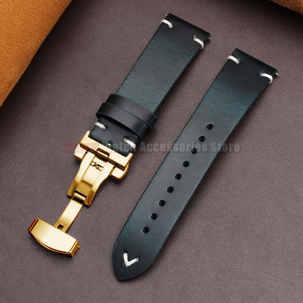 Vintage Oil Wax Leather Watch Band 18mm20mm 22mm Bracelet for Seiko Butterfly Buckle Stitching Cowhide Strap for Omega Watchband