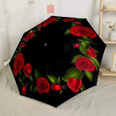 Red Rose Wreath Design Compact Travel Automatic Umbrella Folding Umbrella with 8 Ribs Lightweight All-Season Use Elegant Women's Umbrella