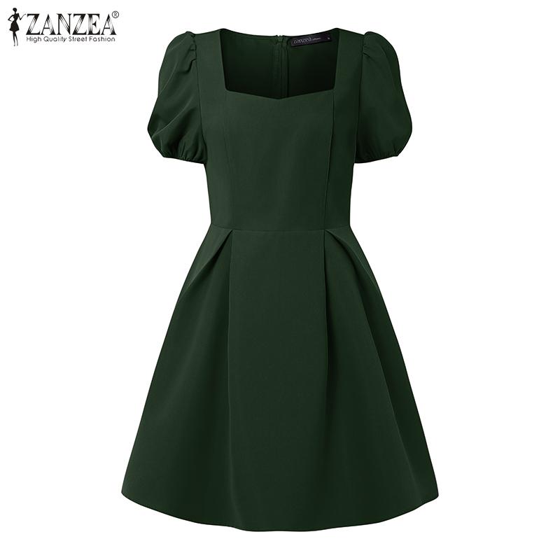 ZANZEA Summer Women Square Collar Short Sleeve Slim Waist Casual A-line Dress