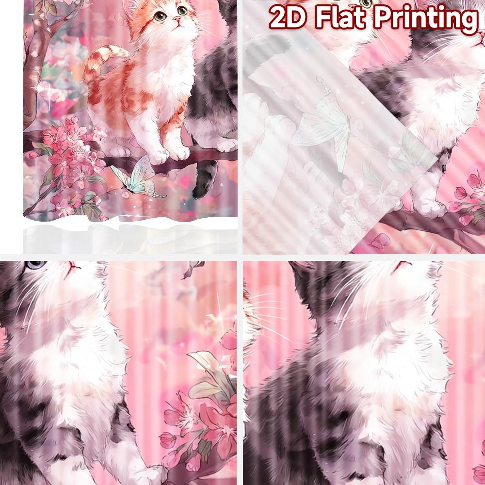 2D flat printing 2pcs Curtain Curtain Spring Cats and Blossoms Digital Printed Polyester Drapes Family Party Decoration Perfect